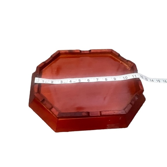 Set Vintage Asian Red Hand Carved Wooden Lacquerware Octagonal Decorative Tray - Picture 15 of 15